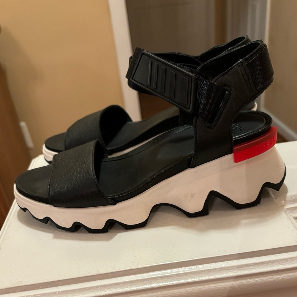 Sorel Black Sandals with White Sole and Red Detail